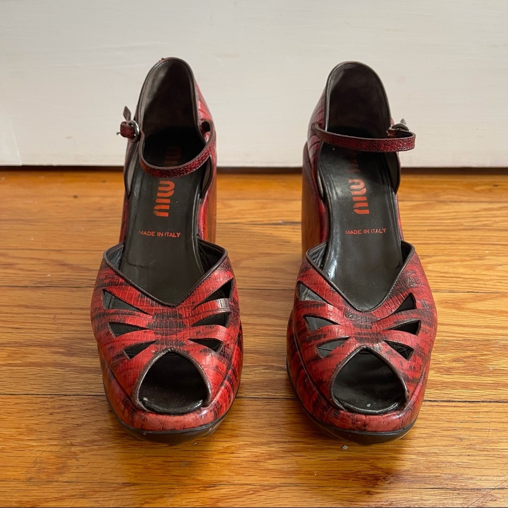 Miu Miu Vintage Platform Peep Toe Ankle Strap Sandals in Red & Black